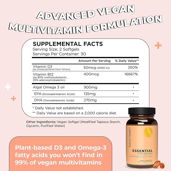 Future Kind Vegan Multivitamins - Glass Bottle & Made for Vegans w/Omega 3 DHA+EPA, Vitamin B12 & D3 - Vegan Vitamin for Energy, Focus, & Mood - Vegan Vitamins for Women & Men, 60 Tiny Softgels