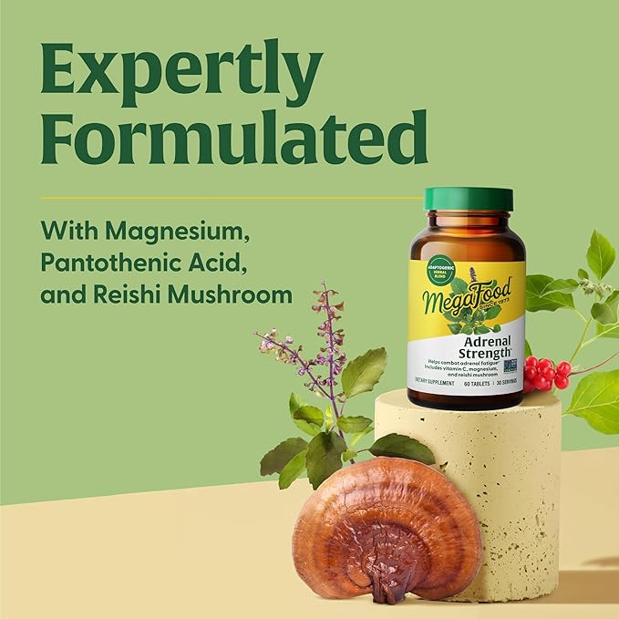 MegaFood Adrenal Strength - Sensoril Ashwagandha, Vitamin C, Fermented Magnesium Glycinate, Rhodiola Rosea, Reishi Mushroom & Food Blend - Supports a Normal Stress Response - 60 Tabs (30 Servings)