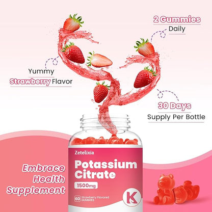 Potassium Gummies for Adults & Women, 1500mg Potassium Citrate Supplement, Support Leg Cramps, Muscle Health & Electrolyte Balance, Sugar Free, Organic, Vegan, Strawberry, 60 Cts