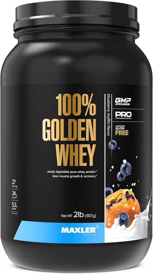 Maxler 100% Golden Whey Protein - 24g of Premium Whey Protein Powder per Serving - Pre, Post & Intra Workout - Fast-Absorbing Whey Hydrolysate, Isolate & Concentrate Blend - Blueberry Muffin 2 lbs