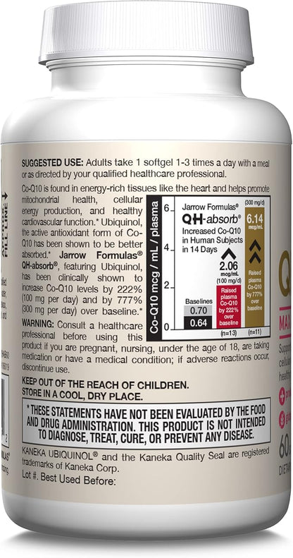Jarrow Formulas QH-Absorb, 100 mg, Ubiquinol Dietary Supplement for Healthy Cardiovascular Function, 60 Softgels, 60 Day Supply