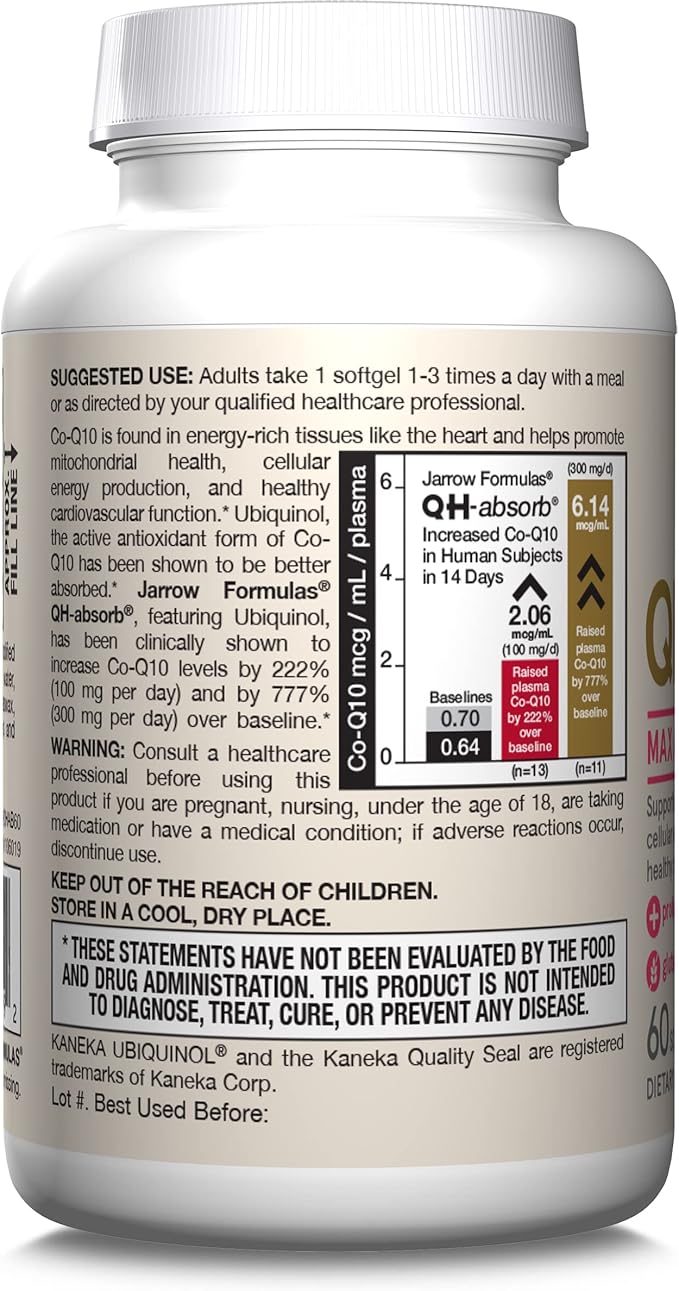 Jarrow Formulas QH-Absorb, 100 mg, Ubiquinol Dietary Supplement for Healthy Cardiovascular Function, 60 Softgels, 60 Day Supply