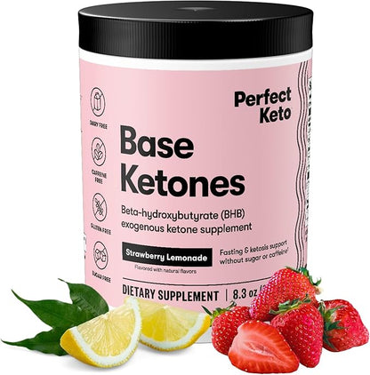 Perfect Keto Exogenous Ketones Powder, BHB Salts Supplement for Ketosis & Fasting, Electrolytes for Hydration, Caffeine Free Energy, Keto Diet, Focus & Workout Support, Strawberry Lemonade, 8.57 oz
