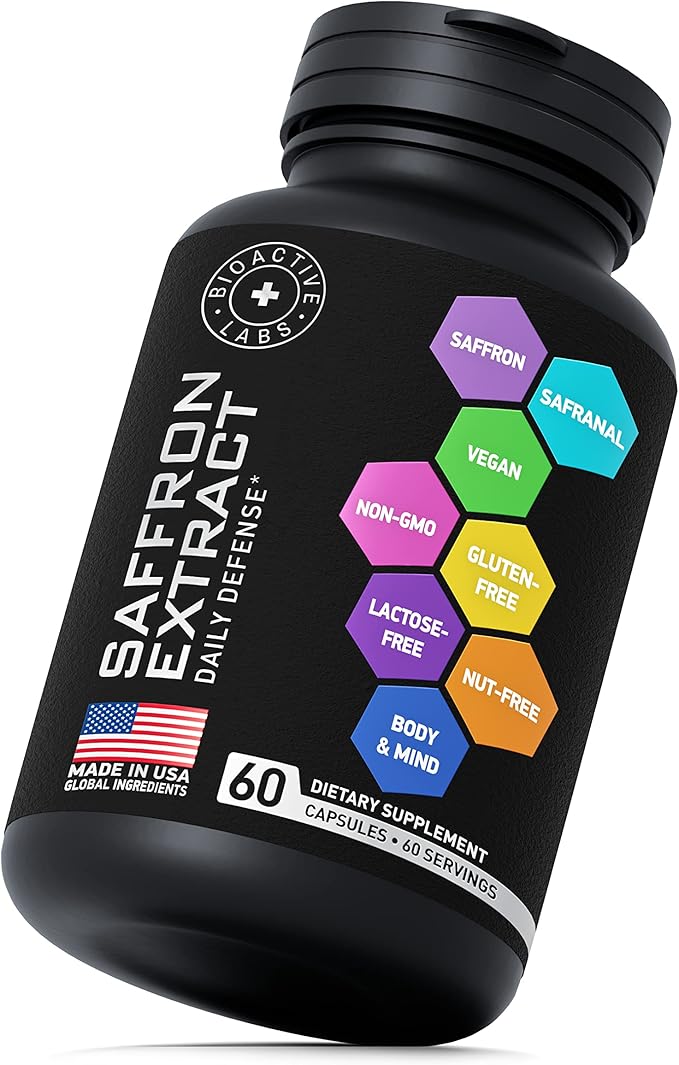 Optimized Saffron Supplements - 88.5mg Pure Saffron Extract for Mood Support, Focus, Energy - Happy Saffron Plus Crocin, Crocetin, Kaempferol - Gluten-Free, Non-GMO - 1-a-Day 60 Vegan Saffron Capsules