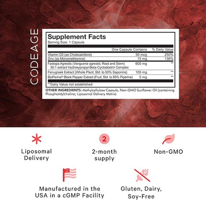 Codeage Liposomal Fadogia Agrestis 600mg Supplement - Fadogia Agrestis 30:1 Extract, Vitamin D3, Zinc, Fenugreek, BioPerine Black Pepper - 2-Month Supply - Liposomal Delivery - Non-GMO, 60 Capsules