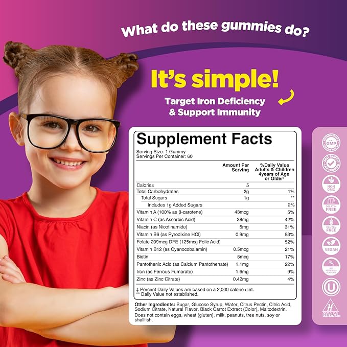 Multivitamin with Iron Gummies for Kids - Chewable Iron Gummy Vitamins for Kids Focus Aid and Natural Energy Supplement - Kids Gummy Vitamins with Iron for Immune Support Mental Clarity and Focus