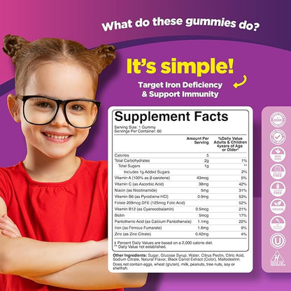 Multivitamin with Iron Gummies for Kids - Chewable Iron Gummy Vitamins for Kids Focus Aid and Natural Energy Supplement - Kids Gummy Vitamins with Iron for Immune Support Mental Clarity and Focus