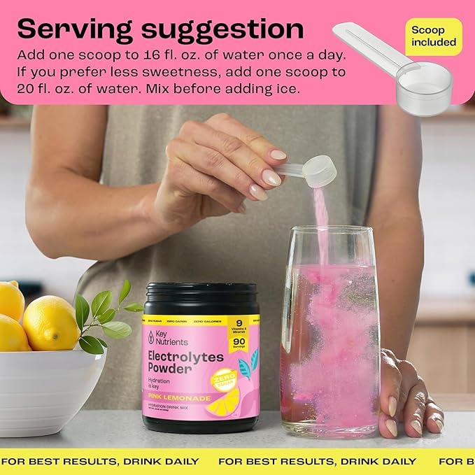 KEY NUTRIENTS Multivitamin Electrolytes Powder No Sugar - Fresh Pink Lemonade Electrolyte Powder - Endurance & Energy Supplement - Hydration Powder - No Calories - 90 Servings - Made in USA
