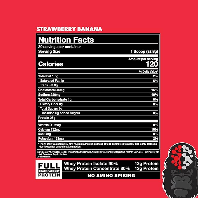 Gorilla Mode Premium Whey Protein - Strawberry Banana / 25 Grams of Whey Protein Isolate & Concentrate/Recover and Build Muscle (30 Servings)