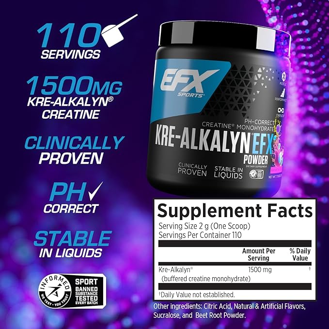 EFX Sports Kre-Alkalyn EFX Powder | pH Correct Creatine Monohydrate Powder Supplement | Strength, Muscle Growth & Performance | 110 Servings (Rainbow Blast)
