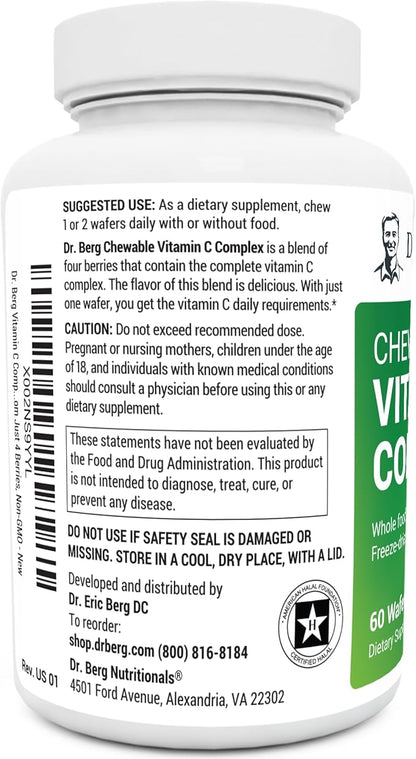 Dr. Berg Chewable Vitamin C Complex - Made with Organic, Non-GMO Berries - 60 Delicious Wafers