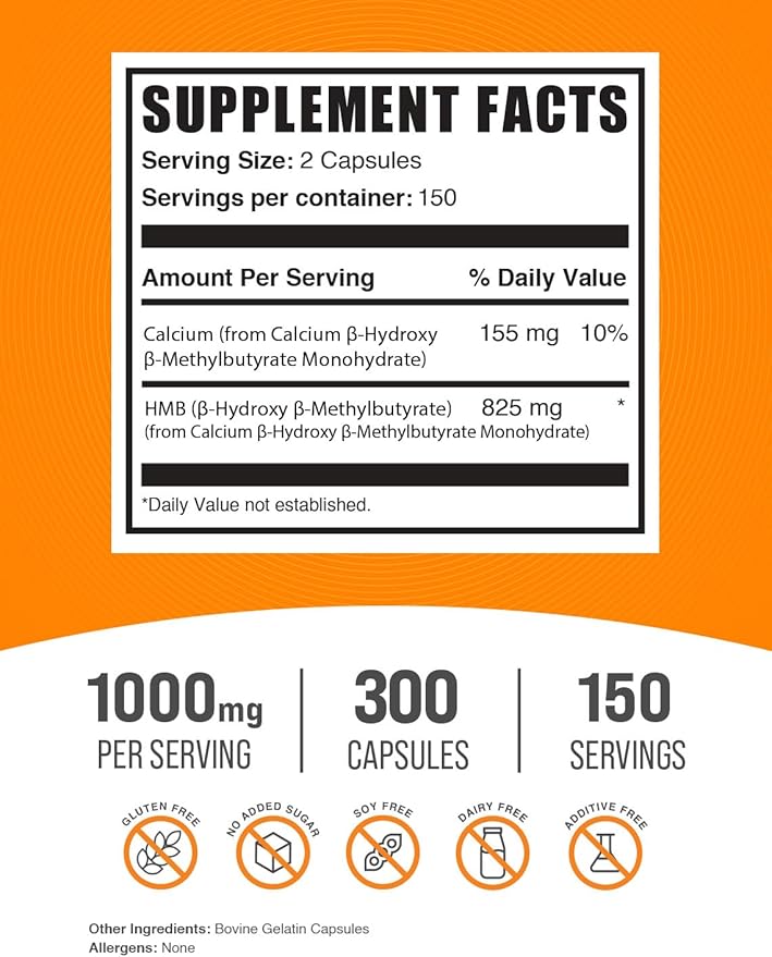BulkSupplements.com HMB Capsules - as Calcium HMB, Beta-Hydroxy Beta-Methylbutyrate, HMB Supplement, Gluten Free - 1000mg HMB, 2 Capsules per Serving, 300 Capsules (Pack of 1)