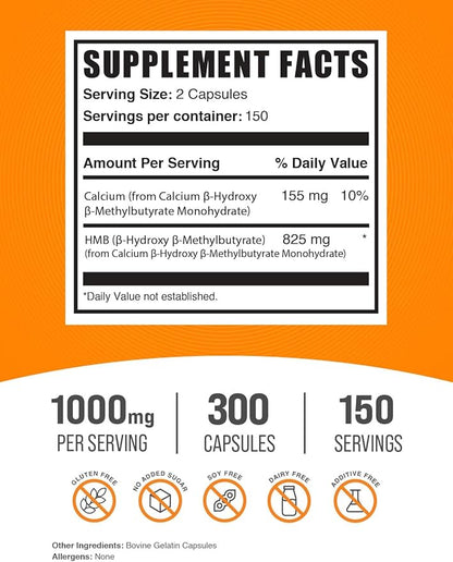 BulkSupplements.com HMB Capsules - as Calcium HMB, Beta-Hydroxy Beta-Methylbutyrate, HMB Supplement, Gluten Free - 1000mg HMB, 2 Capsules per Serving, 300 Capsules (Pack of 1)