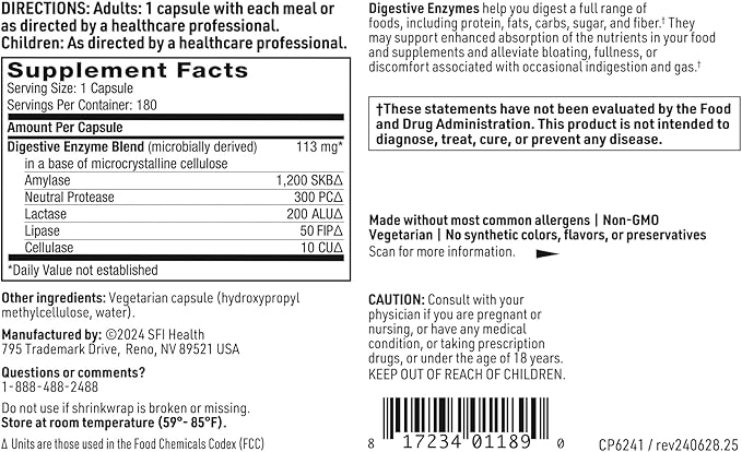Klaire Labs SFI Health Digestive Enzymes - Gut Health Supplements with Amylase, Protease, Lactase, Cellulase & Lipase Enzymes for Digestion - Supports Occasional Bloating & Gas (180 Capsules)