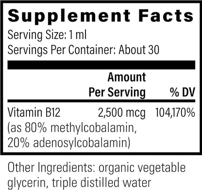 Organic Vegan Vitamin B12 Sublingual Liquid Supplement - 2500mcg Methylcobalamin Drops for Natural Energy, Metabolism Health and Immune System Support - 1 Fl Oz