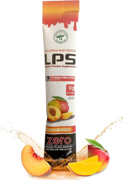 Nutritional Designs LPS Liquid Collagen & Whey Protein Supplement - Non-GMO Drink, Sugar-Free - Promotes Healthy Skin & Hair for Men & Women, Peach Mango, 1 fl Oz (50 Packets)