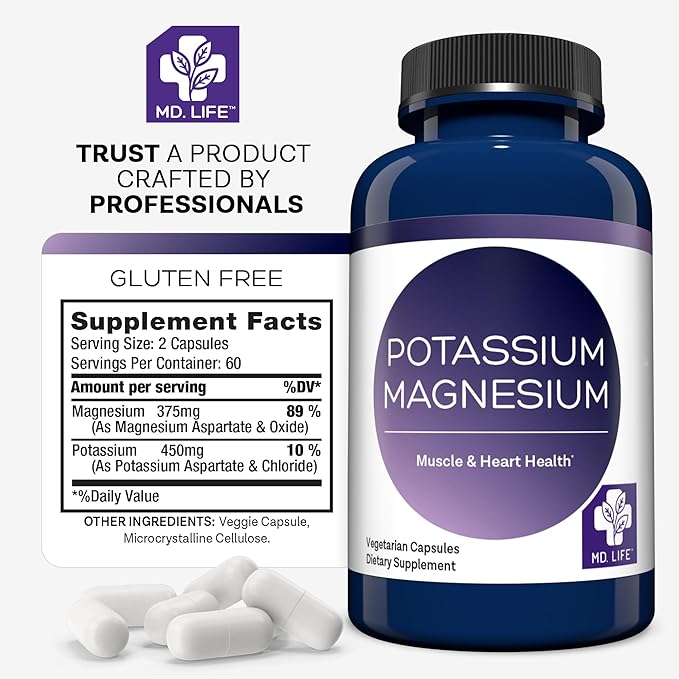 MD. Life Magnesium Potassium Supplement - 120 Capsules - High Absorption Magnesium Complex - Magnesium Supplement to Support Vascular Health & Leg Cramp 120cts