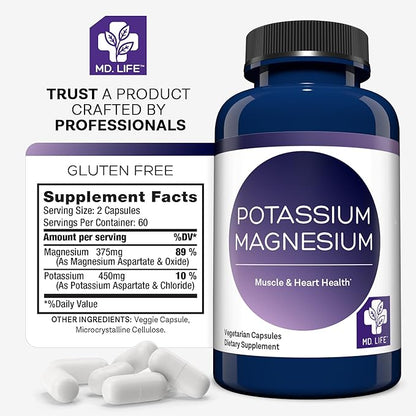 MD. Life Magnesium Potassium Supplement - 30 Capsules - High Absorption Magnesium Complex - Magnesium Supplement to Support Vascular Health & Leg Cramp 30cts