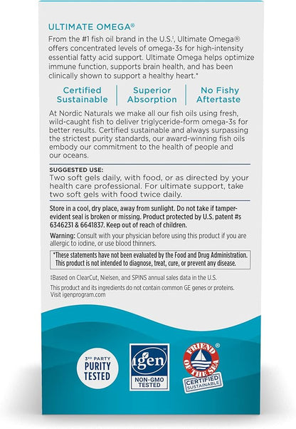 Nordic Naturals Ultimate Omega, Lemon Flavor - 60 Soft Gels - 1280 mg Omega-3 - High-Potency Omega-3 Fish Oil Supplement with EPA & DHA - Promotes Brain & Heart Health - Non-GMO - 30 Servings