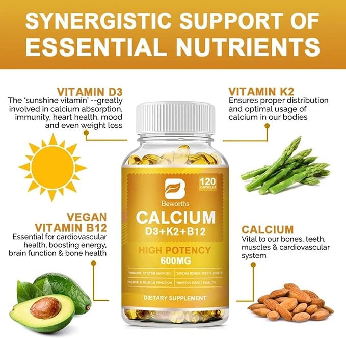 Calcium, Vitamin D3, K2 & B12 Supplement, Supports Bones, Teeth, Joints & Immune Health, Non-GMO Softgels, Yellow