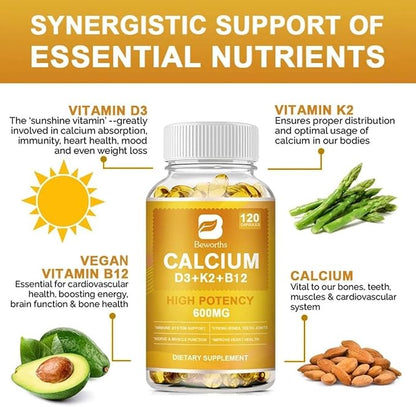 Calcium, Vitamin D3, K2 & B12 Supplement, Supports Bones, Teeth, Joints & Immune Health, Non-GMO Softgels, Yellow