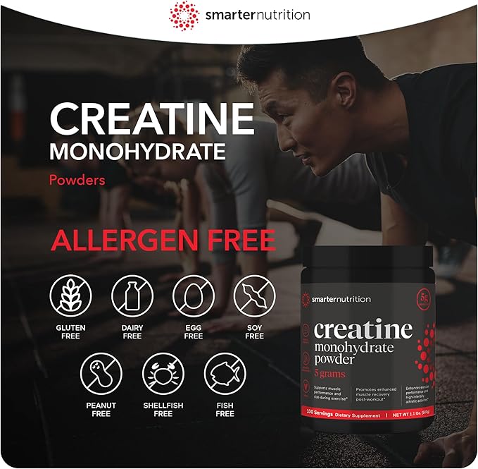 Smarter Nutrition Creatine Monohydrate Powder 500g, 5000mg Per Serving (5g) - Keto Friendly, Unflavored, Gluten-Free Pre-Workout & Post Workout Support for Muscle Mass & Hydration [100 Servings]