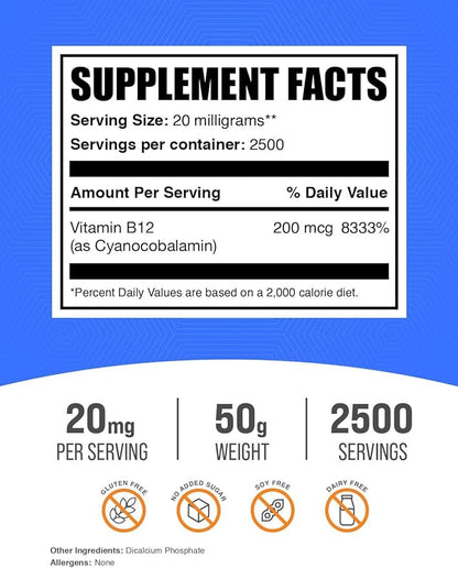 BulkSupplements.com Vitamin B12 Powder - as Cyanocobalamin, Vitamin B Supplement, Vitamin B12 200 mcg - Essential Vitamin, Gluten Free, 20mg per Serving, 50g (1.8 oz) (Pack of 1)