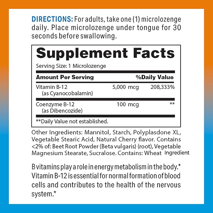 Vitamin World Vitamin B-12 5000 mcg. Sublingual 60 Microlozenges, Supports Energy Metabolism, Supports Heart Health