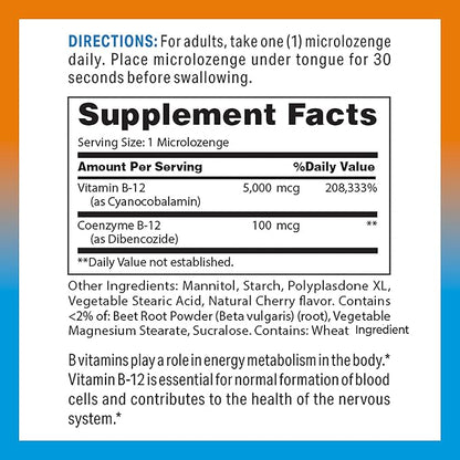 Vitamin World Vitamin B-12 5000 mcg. Sublingual 60 Microlozenges, Supports Energy Metabolism, Supports Heart Health