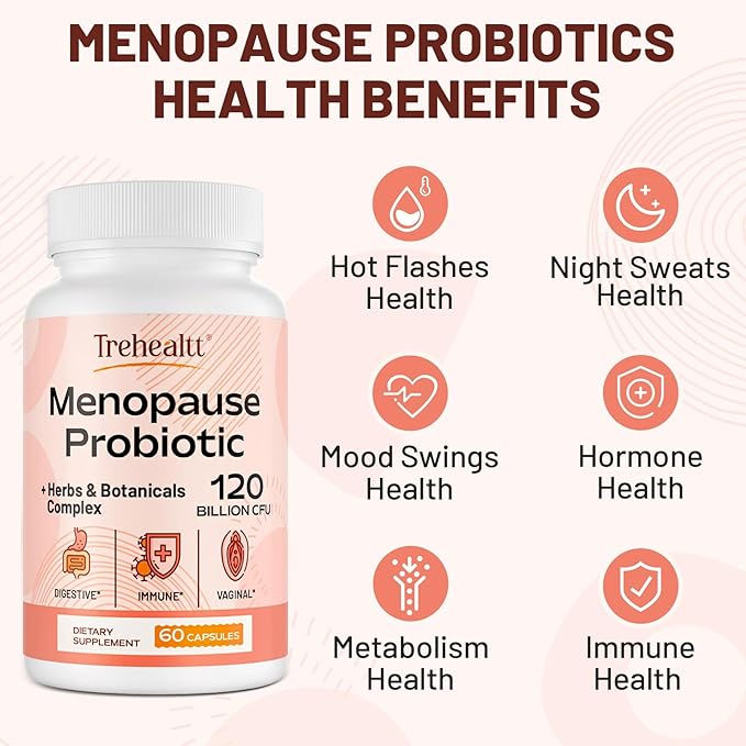 Menopause supplements for women, 120 Billion CFU Probiotic, 13-in-1 Herbs & Botanicals Complex, for Hormone Menopause, Hot Flashes, Night Sweats, Mood Swings, Sleep Disturbances, Vegan, 60 Capsules