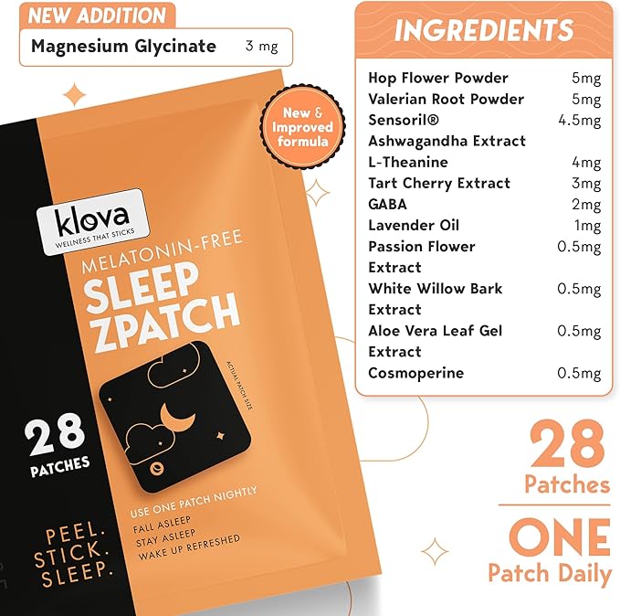 Klova Melatonin-Free Sleep Patches with Ashwagandha, L-Theanine, Hops, Valerian, GABA and Other Natural Ingredients: for Falling Asleep Faster, Staying Asleep Longer & Eliminating Groggy Mornings