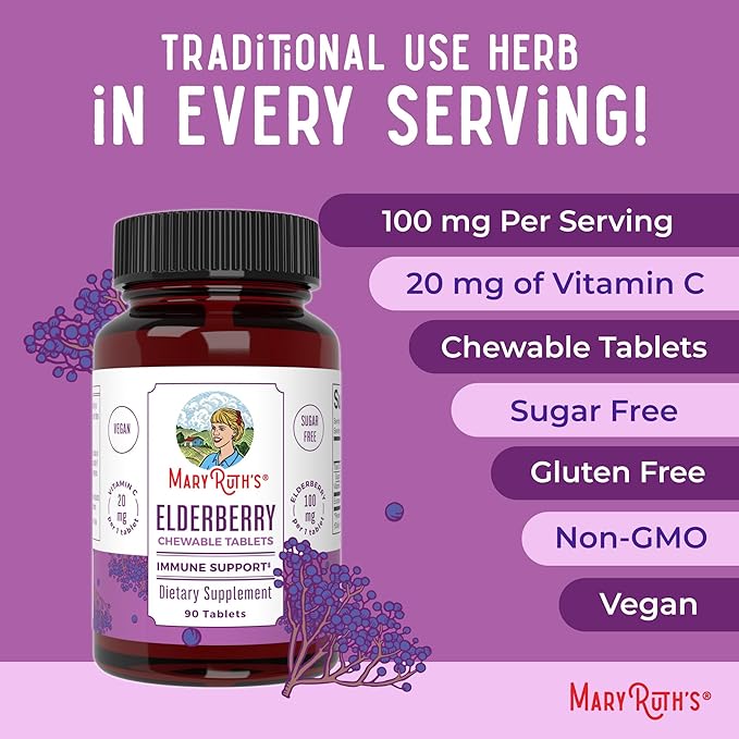 MaryRuth Organics Elderberry Vitamin C Chewable Tablets | Sambucus nigra | Black Elderberry for Immune Support | 3 Month Supply | Gluten Free | Non-GMO | 90 Servings