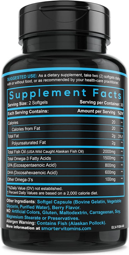 SmarterVitamins Omega 3 Fish Oil, Strawberry Flavor, Burpless, Tasteless, 2000mg, DHA EPA Triple Strength Brain Support, Joint Support, Made with AlaskOmega®, Heart Support