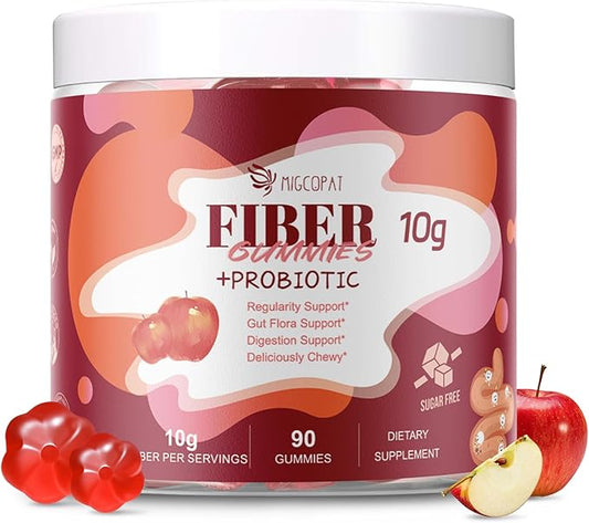 Fiber Gummies with Probiotics,10G Fiber per Serving No Sugar Added Apple Flavor, Fiber with 10 Billion CFU Probiotics Blend, Apple Cider Vinegar, Vitamin C, Inulin, Bloating Support 90 Count