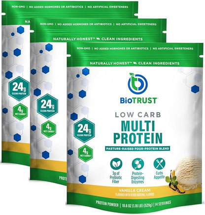BioTrust Low Carb Protein Powder – Natural and Delicious Whey & Casein Blend from Grass-Fed Hormone Free Cows – Non GMO, Soy Free, Gluten Free, Hormone Free (Vanilla, 3-Pack)