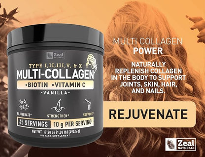 Premium Multi Collagen Peptides Protein Powder (1, 2, 3, 5 & 10) with Vitamin C, Biotin, Hyaluronic Acid, for Hair Skin and Nails - Marine, Bovine, Chicken & Eggshell (Vanilla, 45 Servings)