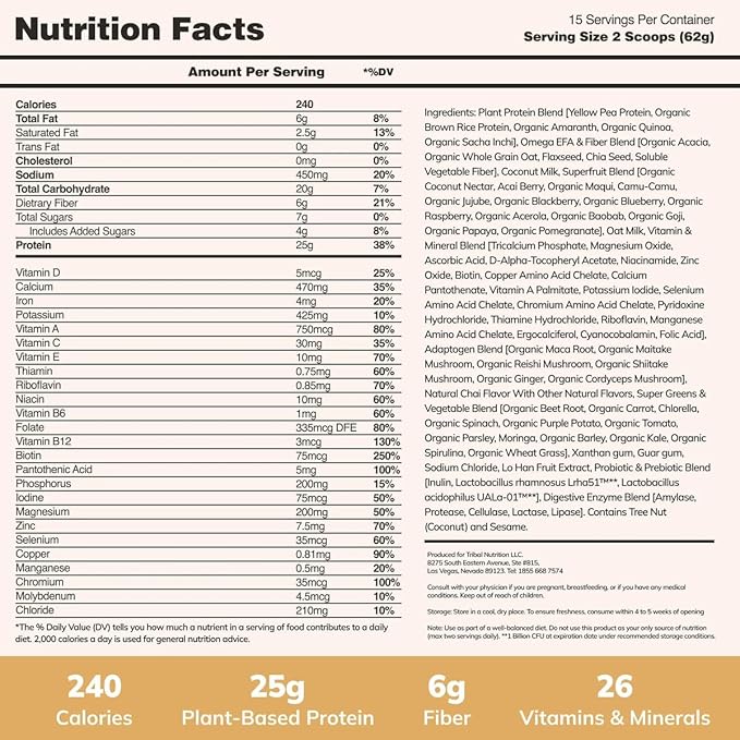 Ka'Chava Meal Replacement Shake - A Blend of Organic Superfoods and Plant-Based Protein - The Ultimate All-In-One Whole Body Meal. 15 meals per bag. (Chai), 32.2757 Ounce