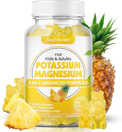 softbear Potassium Gummies for Adults, Sugar-Free Potassium Magnesium Supplement with Vitamin B6 CoQ10 for Leg Cramps Muscle Health Vegan Pineapple Flavor 60 Gummies