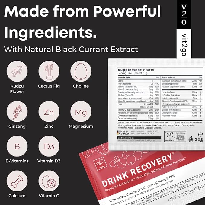 Drink Recovery Electrolytes Powder with Vitamins, Vegan Electrolyte Packets for Hydration & Liver Detox, Blackcurrant Flavor (10 Sachets)