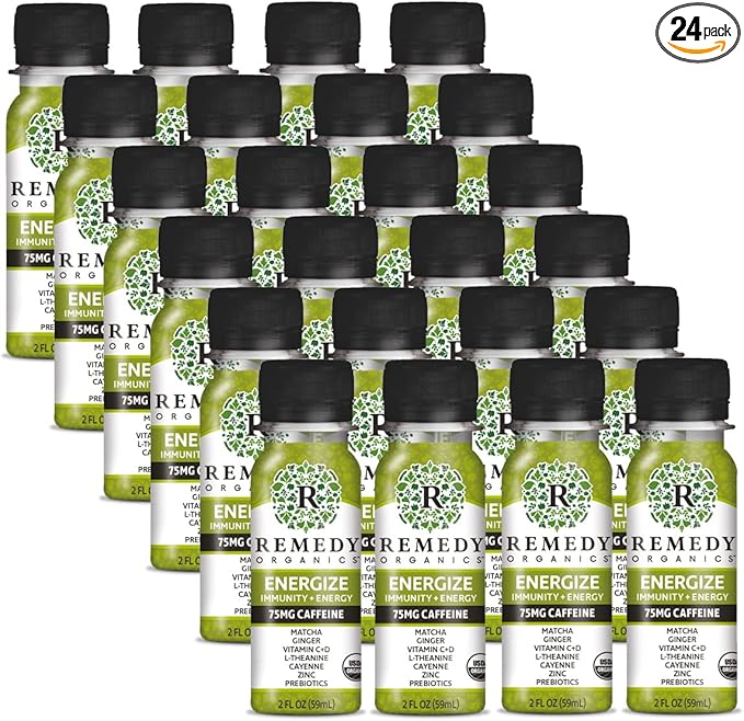 Remedy Organics Immunity Plus Shot, Energize 24-Pack | Boost Energy, Brain Function, Detoxification, and Metabolism | Certified-Organic Ingredients