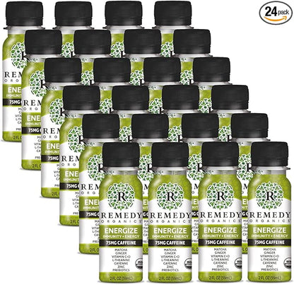 Remedy Organics Immunity Plus Shot, Energize 24-Pack | Boost Energy, Brain Function, Detoxification, and Metabolism | Certified-Organic Ingredients