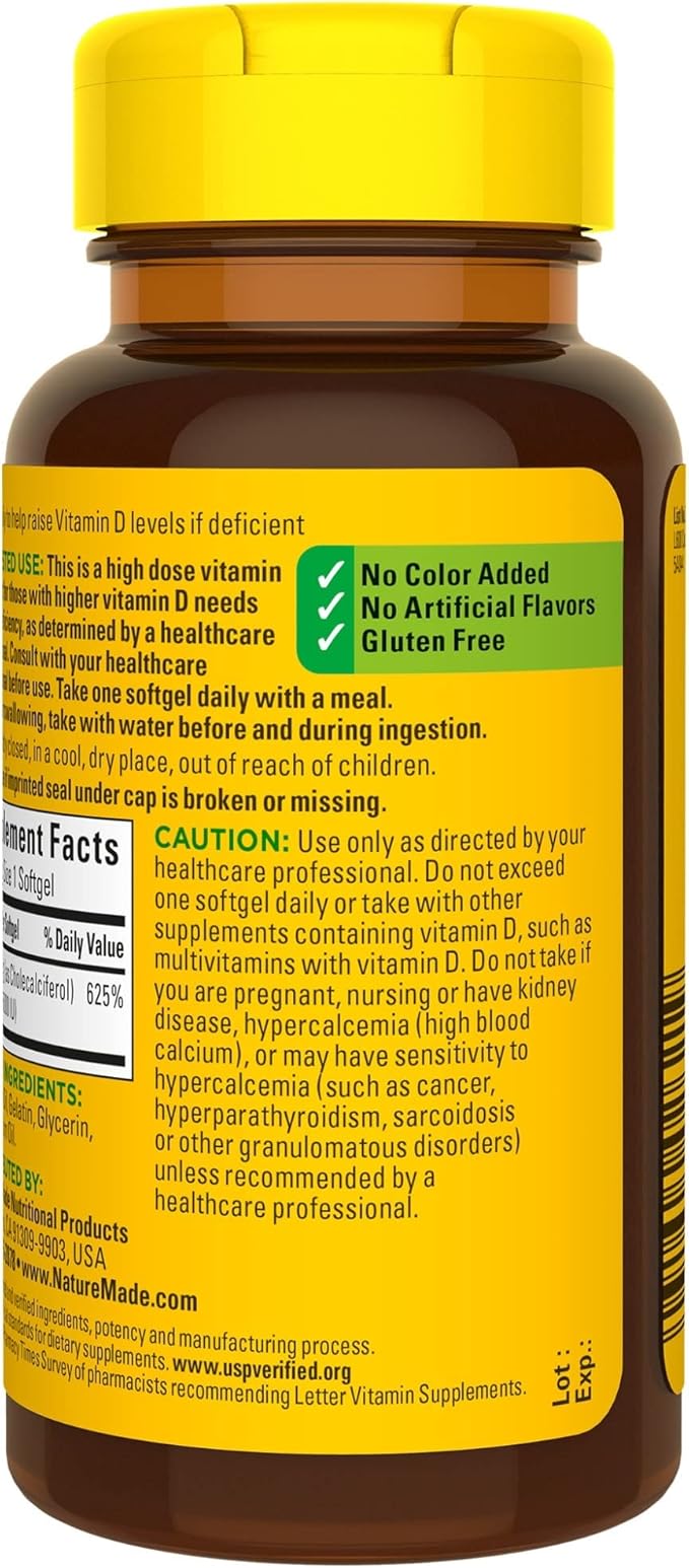 Nature Made Extra Strength Vitamin D3 5000 IU (125 mcg), Dietary Supplement for Bone, Teeth, Muscle and Immune Health Support, 90 Softgels, 90 Day Supply