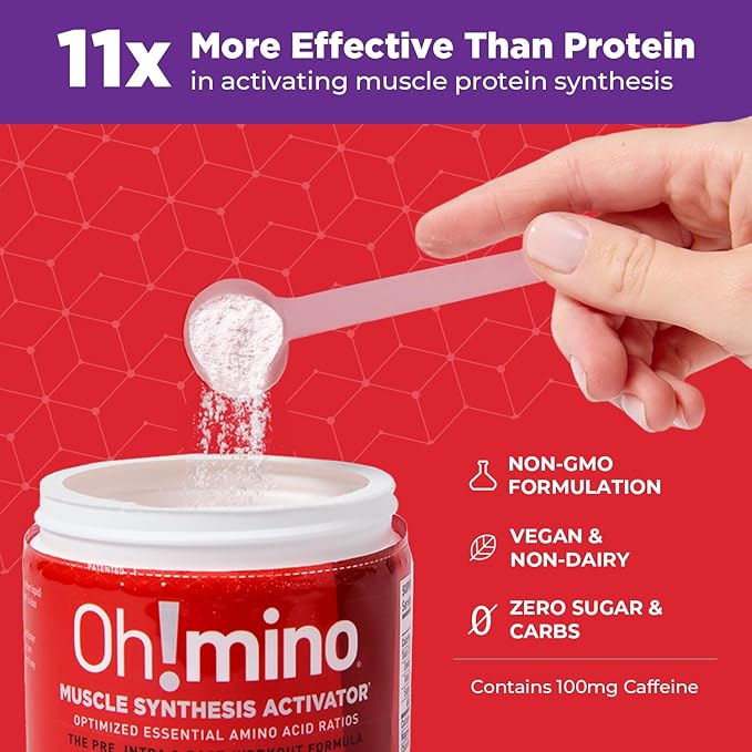Oh!mino Amino Acid Energy Blend - Pre-Post Workout Powder, BCAA Amino Acids, Workout Recovery Drink, Muscle Synthesis Activator, Caffeinated Berry Blast, 280 g, 40 Servings