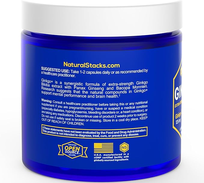 NATURAL STACKS Ginkgo Biloba Supplements w/Panax Ginseng and Bacopa Monnieri - Focus Supplement for Mental Performance, Brain Supplements for Adults, 60 Ginkgo Biloba Capsules