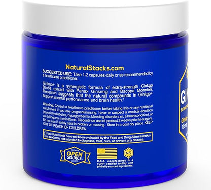 NATURAL STACKS Ginkgo Biloba Supplements w/Panax Ginseng and Bacopa Monnieri - Focus Supplement for Mental Performance, Brain Supplements for Adults, 60 Ginkgo Biloba Capsules