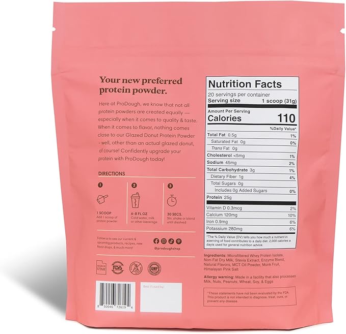 ProDough Gourmet Whey Isolate Hydrolized Protein Powder for Shake Mix- Easy Digest Enzyme Blend, 25g Protein per Serving, Natural Ingredients, Gluten Free, Keto Friendly (Glazed Donut)