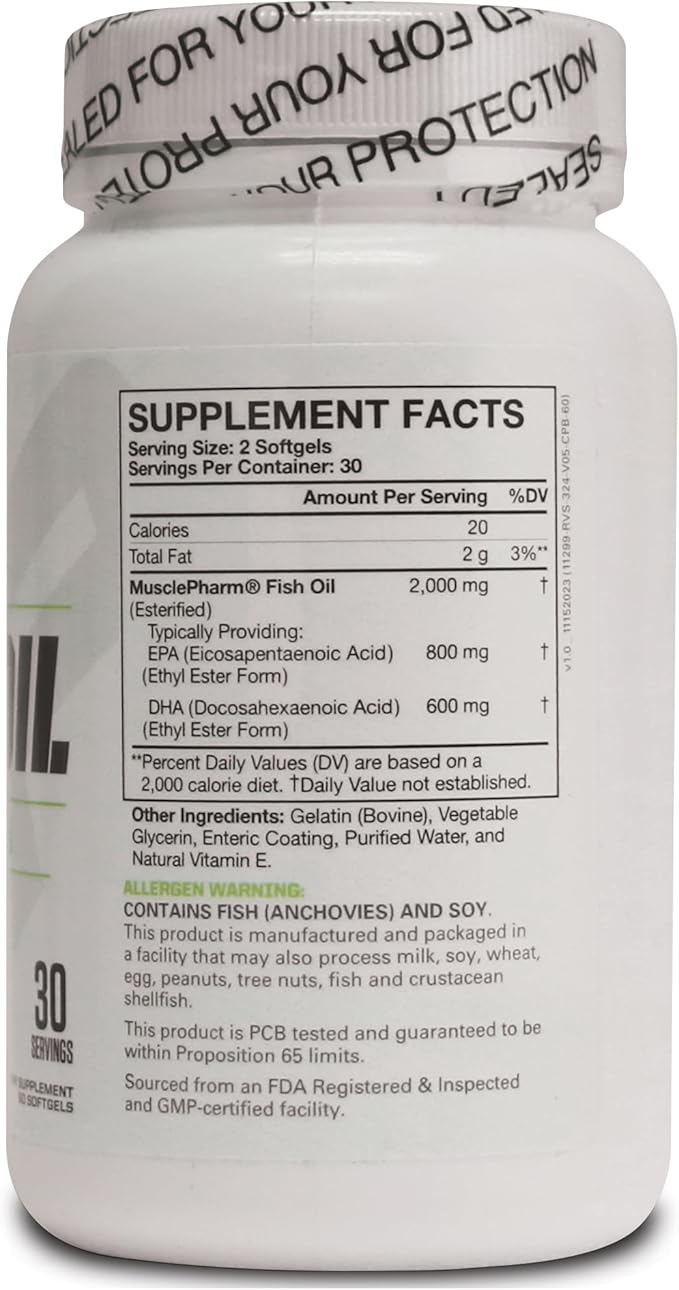 MusclePharm Essentials Fish Oil, Elite Omega 3 Supplement, Supports Joints, Muscular Performance & Recovery, Brain, Heart & Immune Health, 2000mg Omega 3 Fish Oil Per Serving, 60 Softgels, 30 Servings