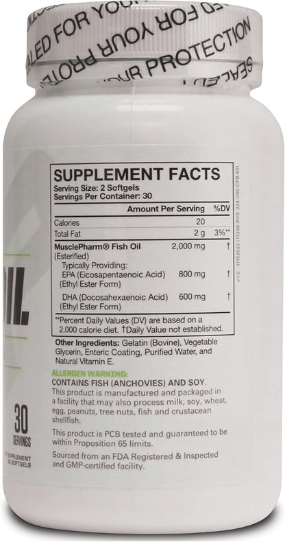 MusclePharm Essentials Fish Oil, Elite Omega 3 Supplement, Supports Joints, Muscular Performance & Recovery, Brain, Heart & Immune Health, 2000mg Omega 3 Fish Oil Per Serving, 60 Softgels, 30 Servings
