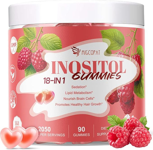 Inositol Multivitamin Gummies, Myo-Inositol&D-chiral Inositol Ideal 40:1 Ratio, Inositol Supplement with Omega-3, Magnesium, Folate, Hormone Balance, Raspberry Flavor, Sugar Free, 90 Count