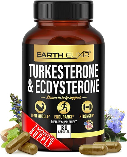 Turkesterone 1000mg and Ecdysterone 1000mg Supplements (180 Capsules) 2 Month Supply - 3rd Party Tested- Turkesterone Supplement for Men (Ajuga Turkestanica) with 95% Beta Ecdysterone